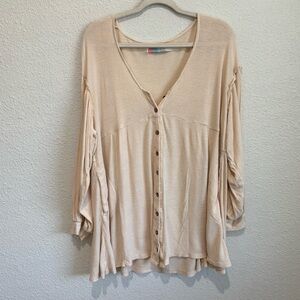 Free‎ People Beach Womens Small Oversized Cream Peach Button Down Blouse Boho